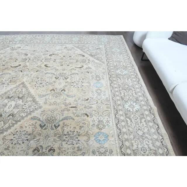 1970s Vintage Persian Handmade Wool Cotton Light Brown Area Rug 302x394