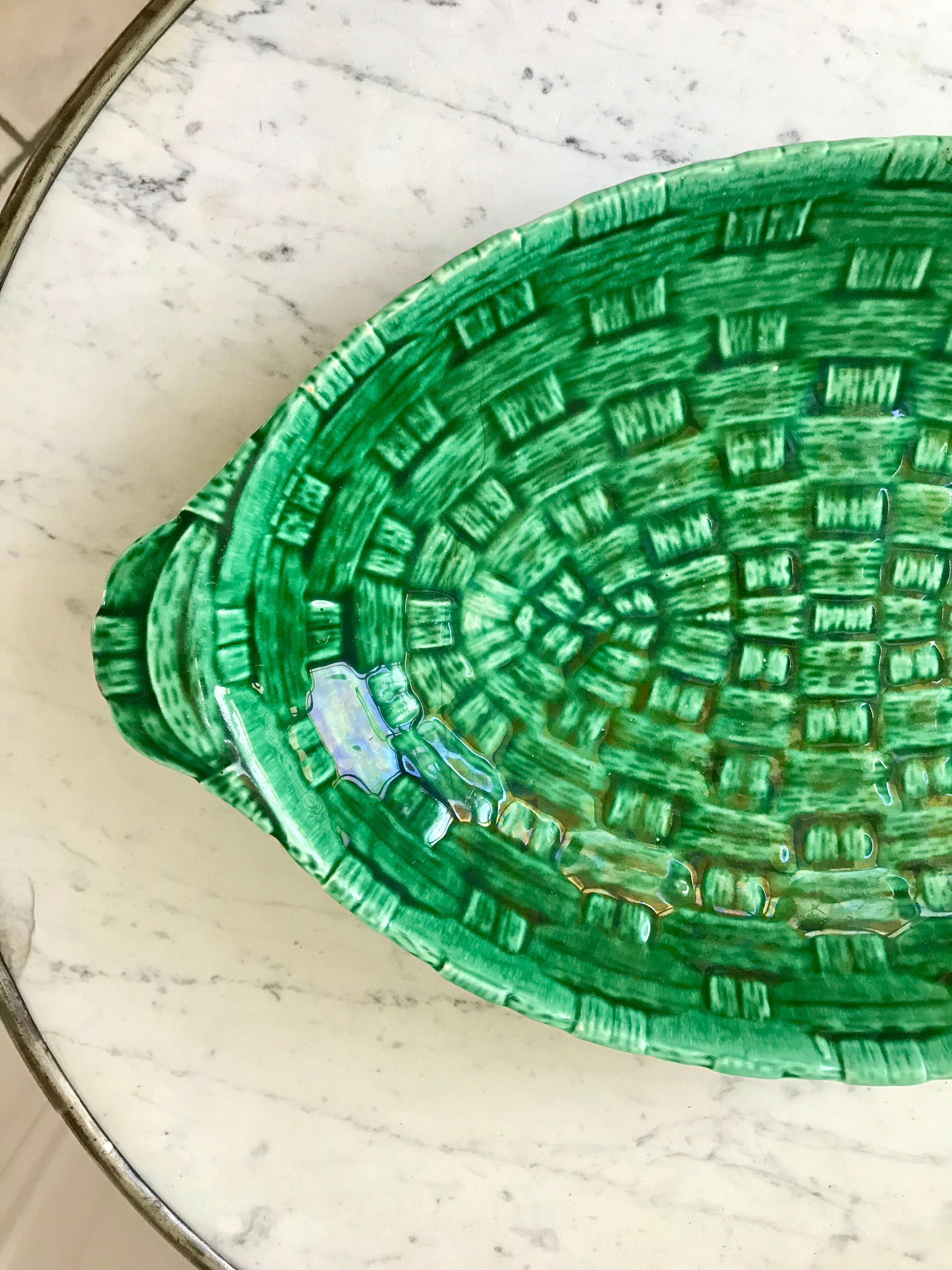 large bowl / dish in green Digoin slip, bamboo style, 50s-60s