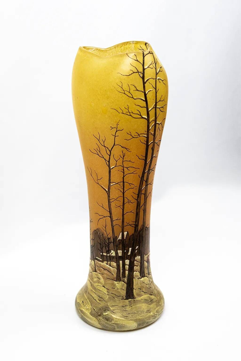 Art Nouveau vase DLG Legras, winter landscape painted with enamels, circa 1900.