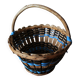 Vintage wooden basket with round handle, blue and black weaving.