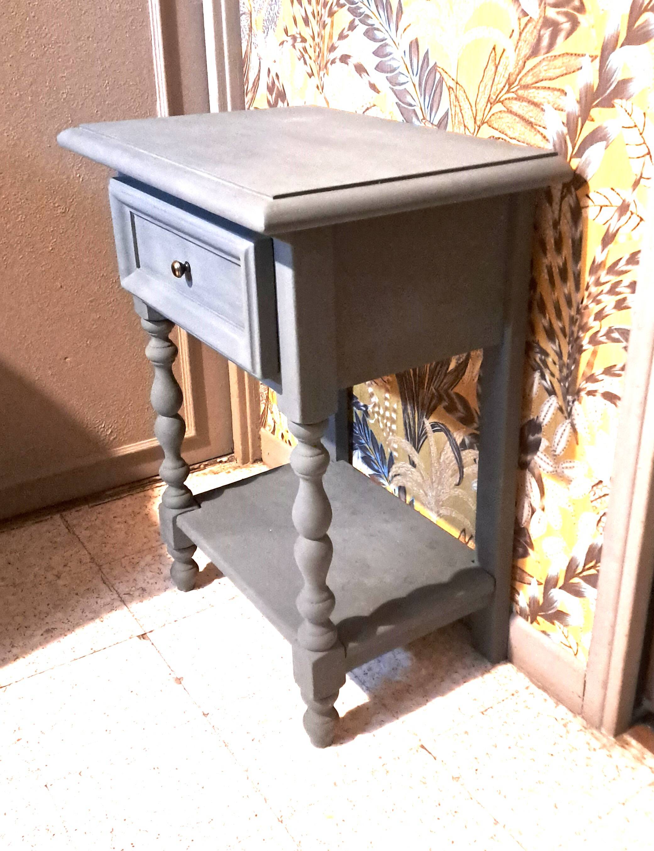 Restored 1900 bedside table in solid wood painted in Gustavian grey