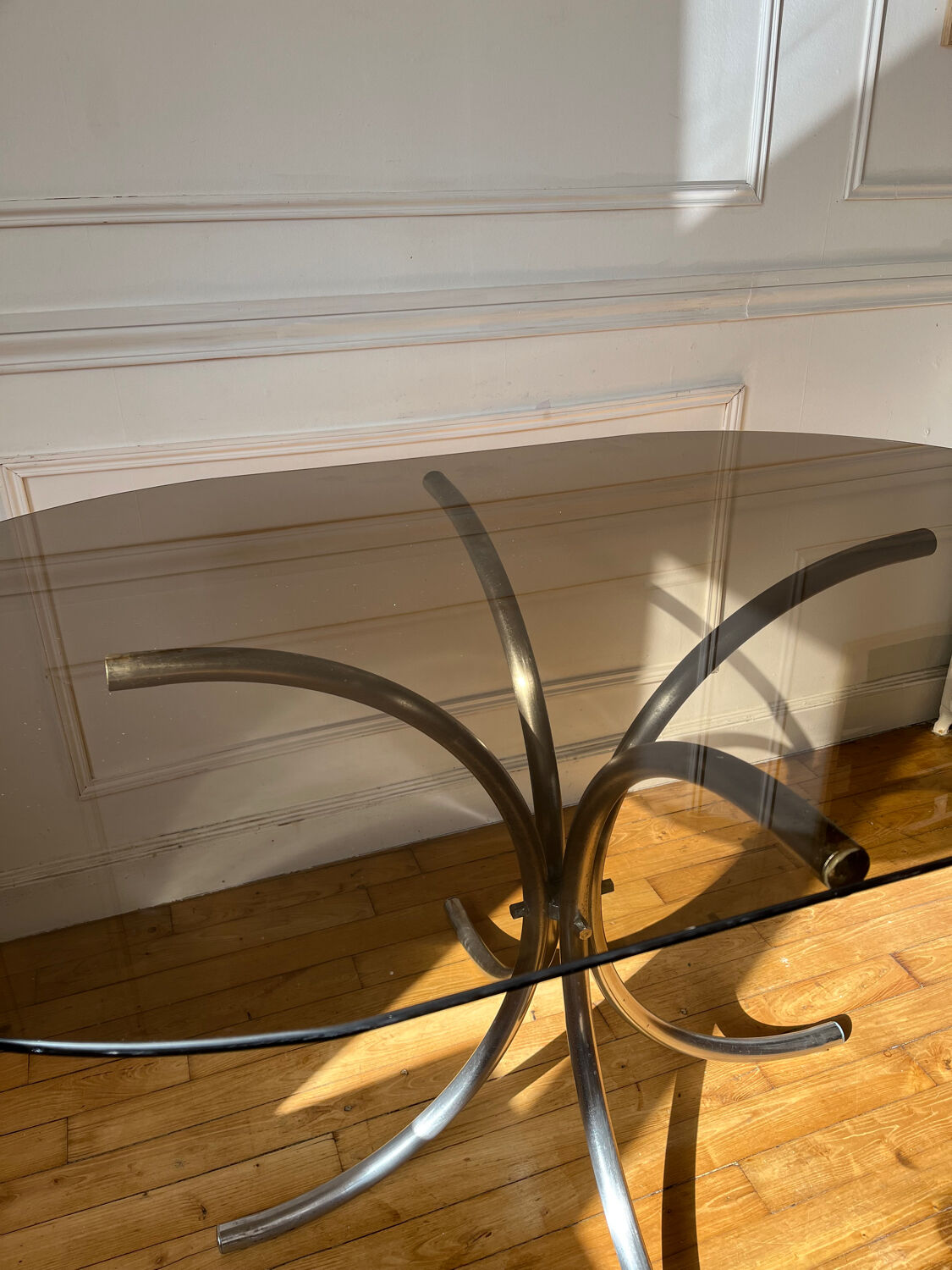 Vintage smoked glass oval dining table