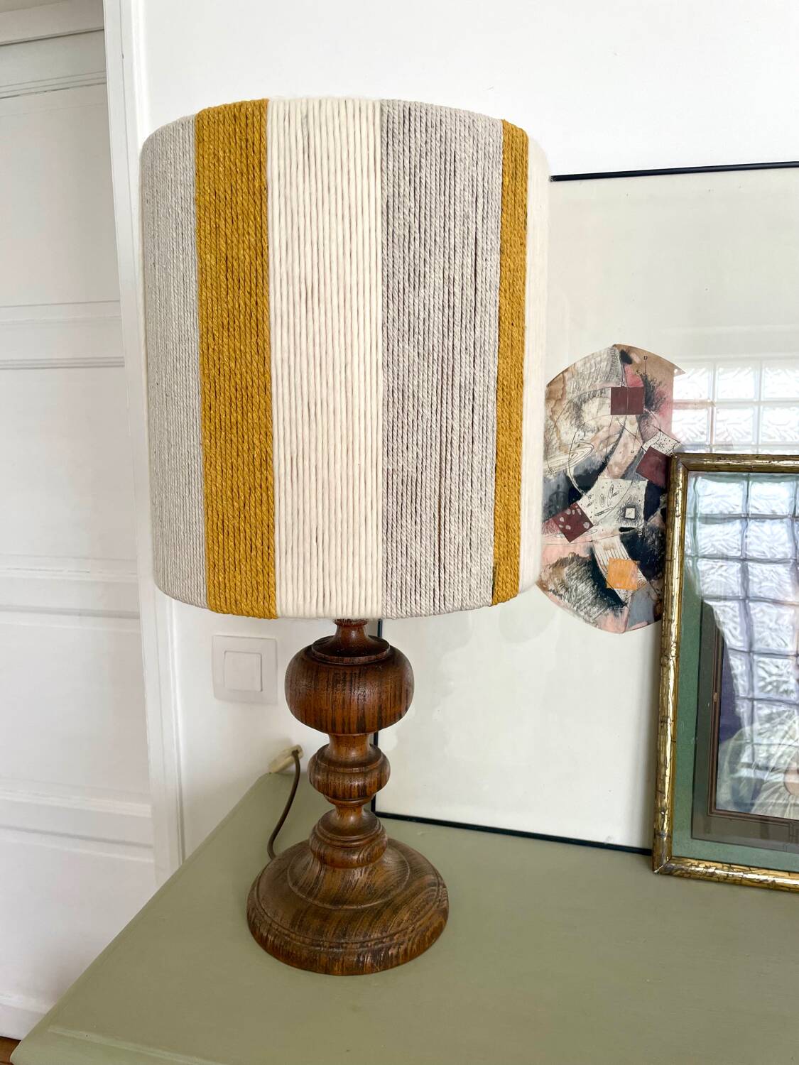 Large vintage lamp with turned wooden base, wool and rope striped lampshade