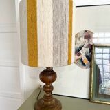 Large vintage lamp with turned wooden base, wool and rope striped lampshade