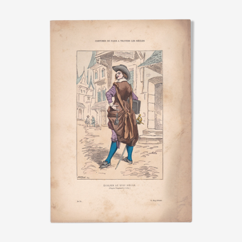 Une illustration , une image d'époque  editeur  f . roy costumes de paris  écolier  au xvii