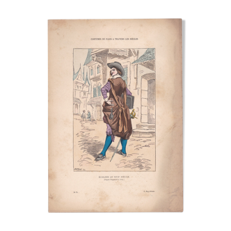 Une illustration , une image d'époque  editeur  f . roy costumes de paris  écolier  au xvii