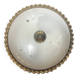 Ancien plafonnier verre gravé + contour métal doré vintage