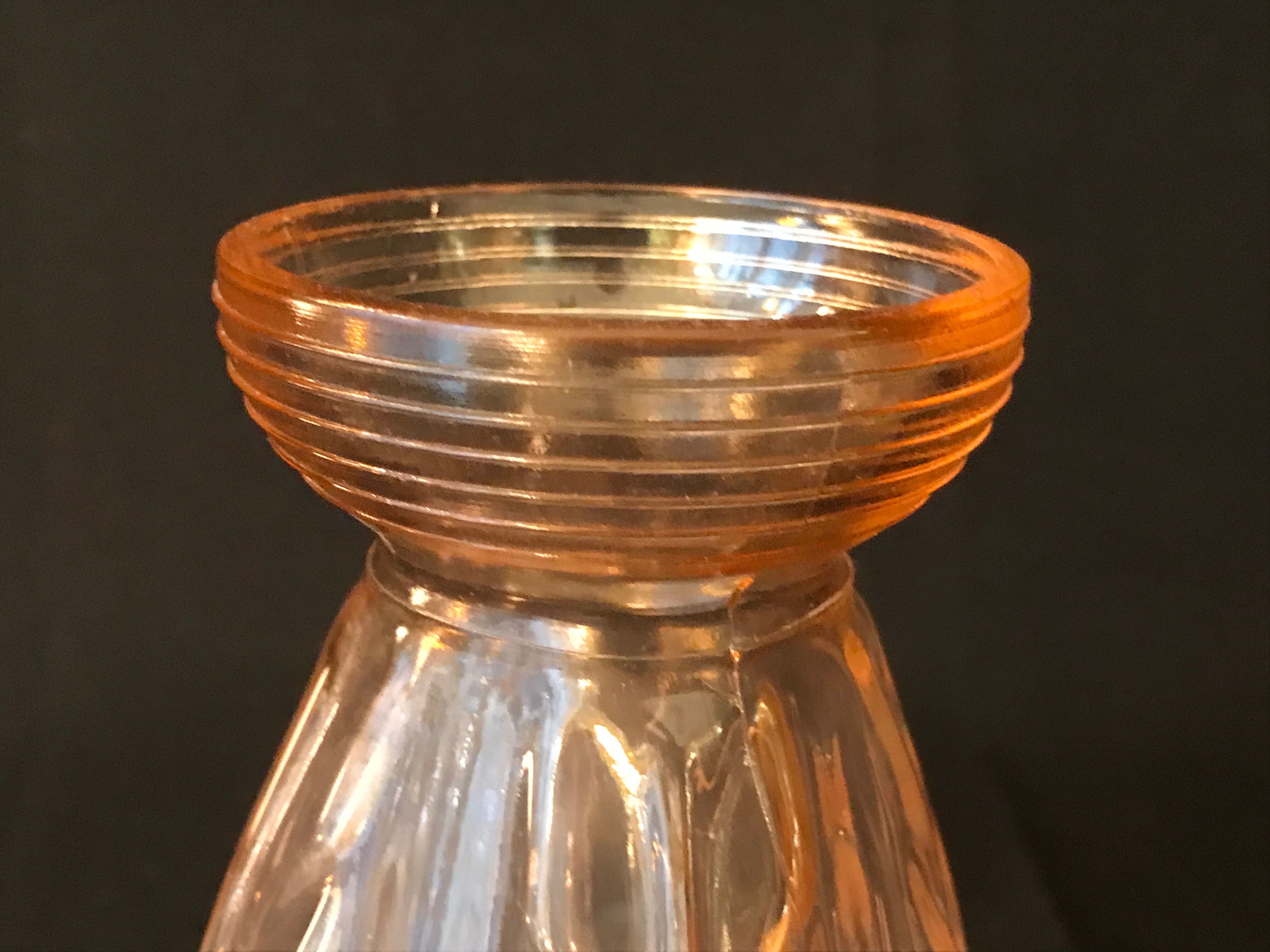 Antique art deco hyacinth vase in pink molded glass leaf pattern
