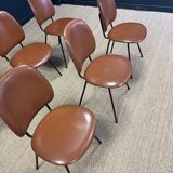 Set of 6 retro bistro chairs in cognac leatherette and black steel legs
