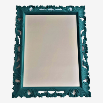Miroir ancien style baroque sculpté, couleur bleu pétrole