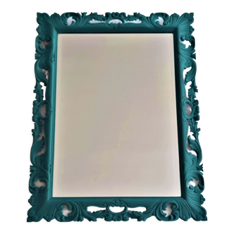 Miroir ancien style baroque sculpté, couleur bleu pétrole