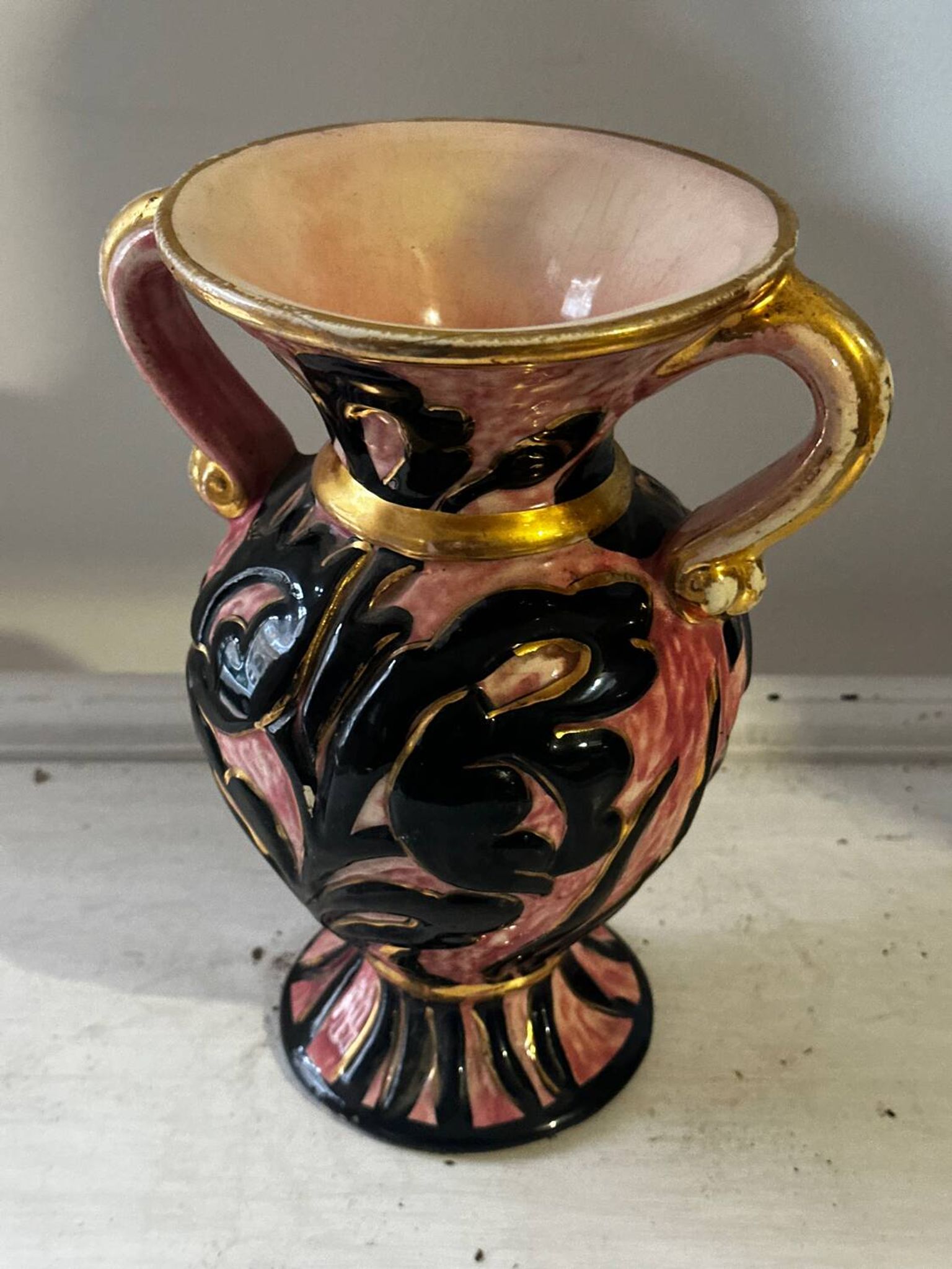 Vintage Vallauris vase amphora with relief floral decoration.