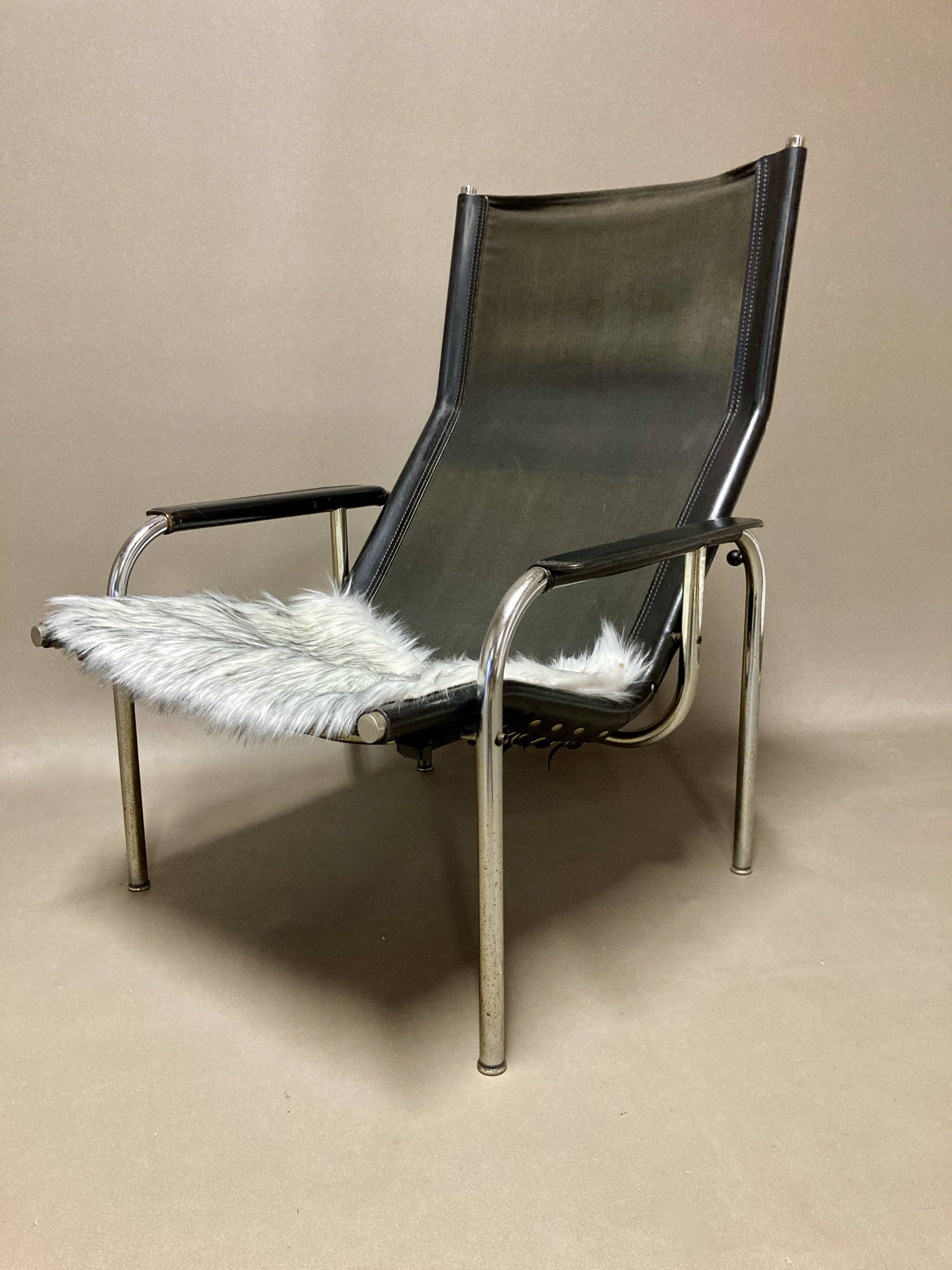 Black leather reclining relax armchair, 1960s design.