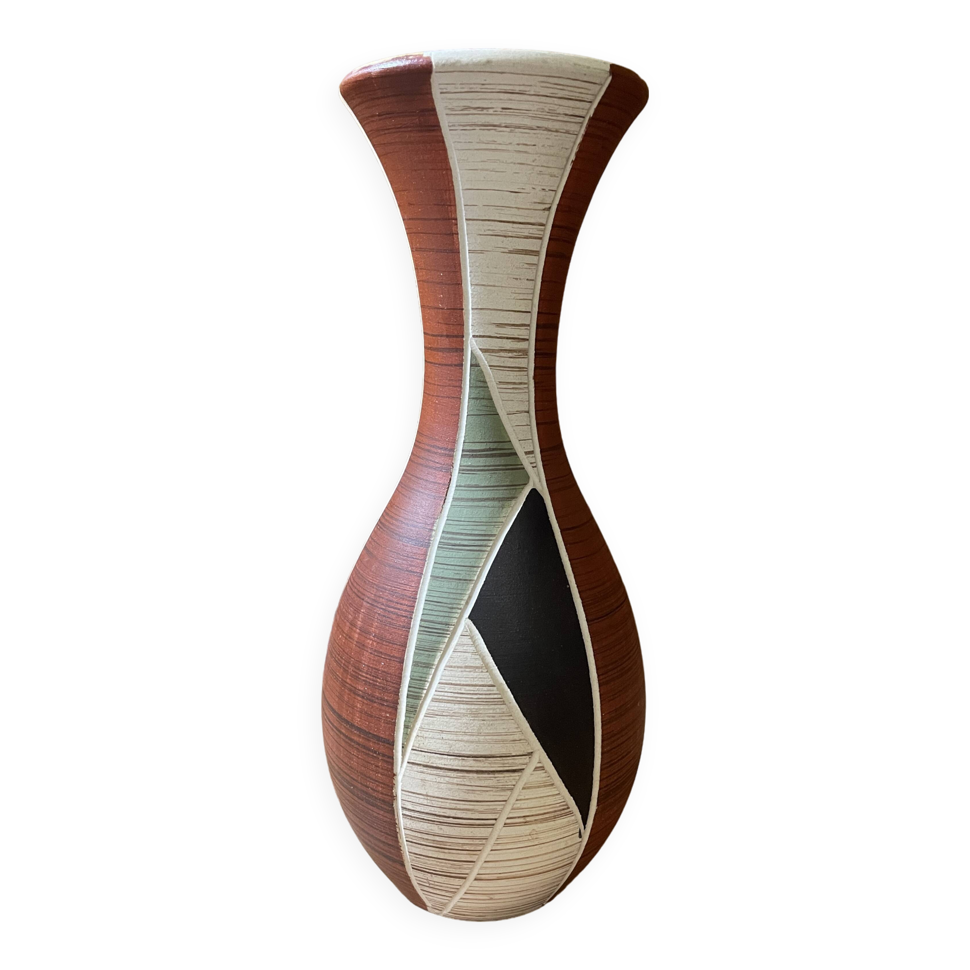 Vase ocre beige vert noir 1950 1960 céramique