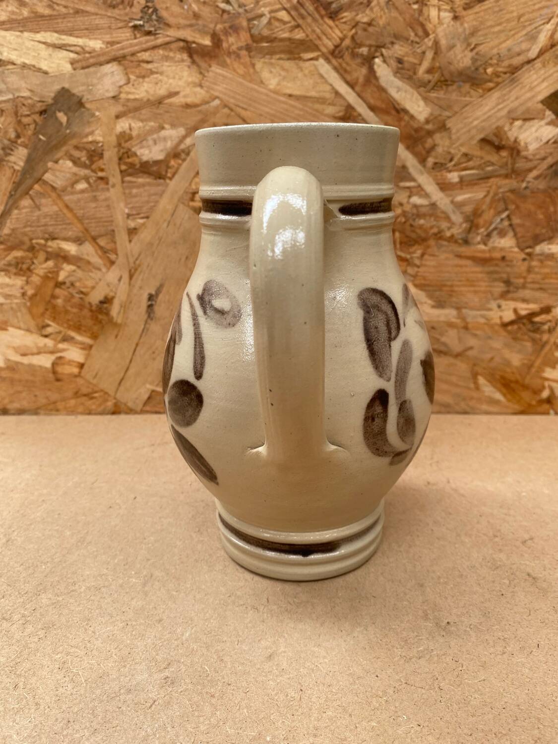 Old pitcher betschsorf stoneware beige deco flowers brown blue vintage