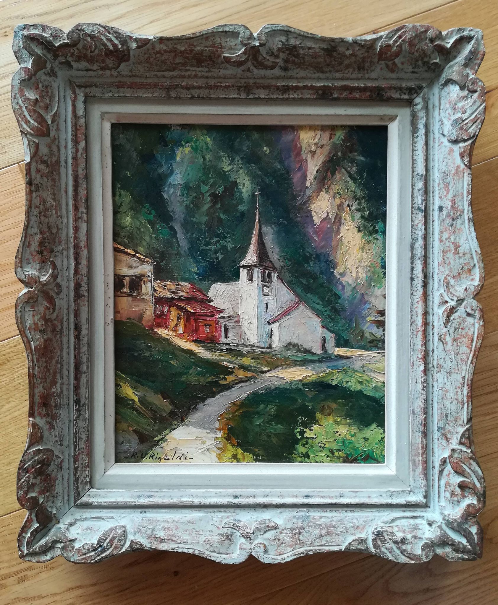 Oil on canvas landscape church of RU Rinaldi 20th century
