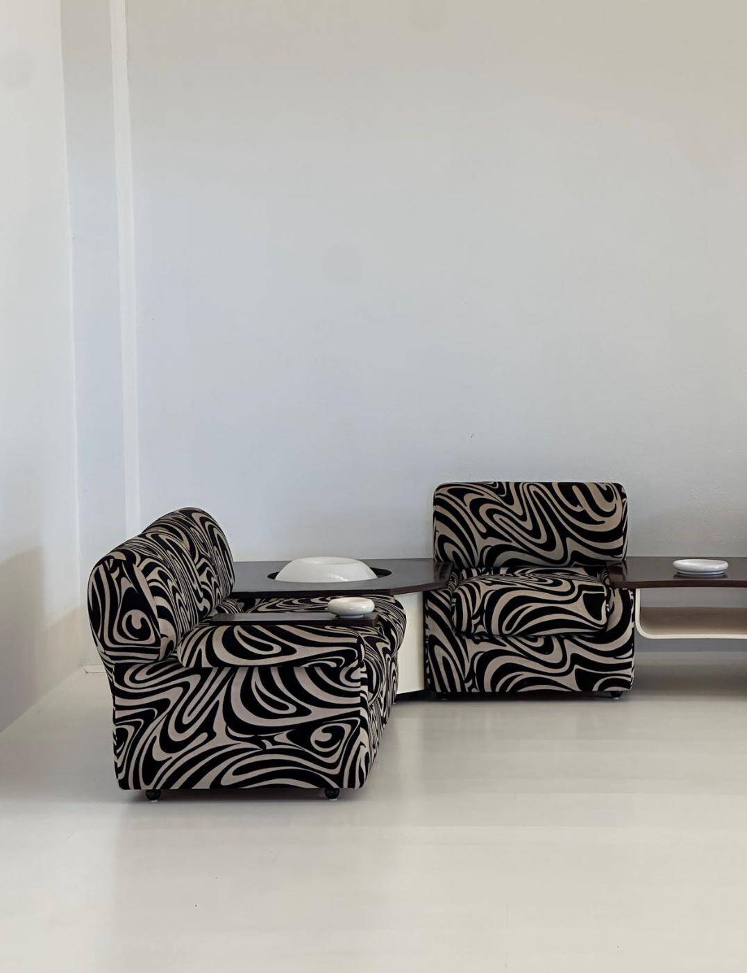 Modular 70s sofa, reupholstered, with integrated table modules, sculptural