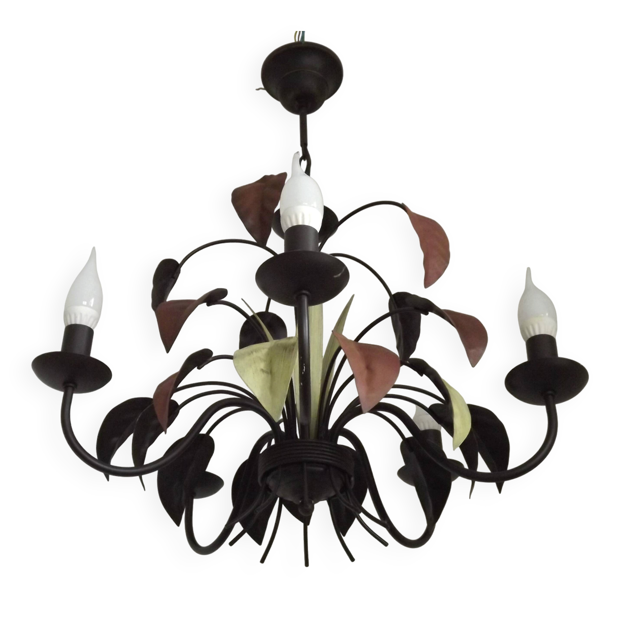 French Vintage 5 Light Brown & Green Tied Boquet Leaf Chandelier