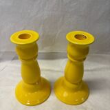 Ensemble de 2 bougeoirs en céramique jaune vintage
