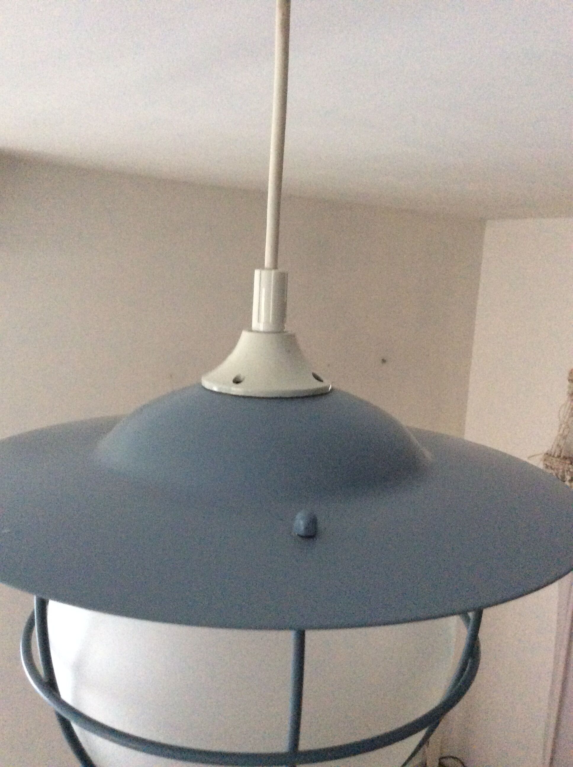 Suspension of the 70s cage in blue metal and frosted glass