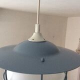 Suspension of the 70s cage in blue metal and frosted glass