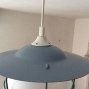 Suspension of the 70s cage in blue metal and frosted glass