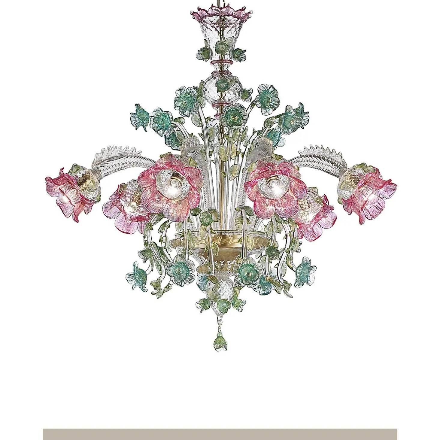 Ornate Venetian Pink and Green Floreal Murano Glass Chandelier