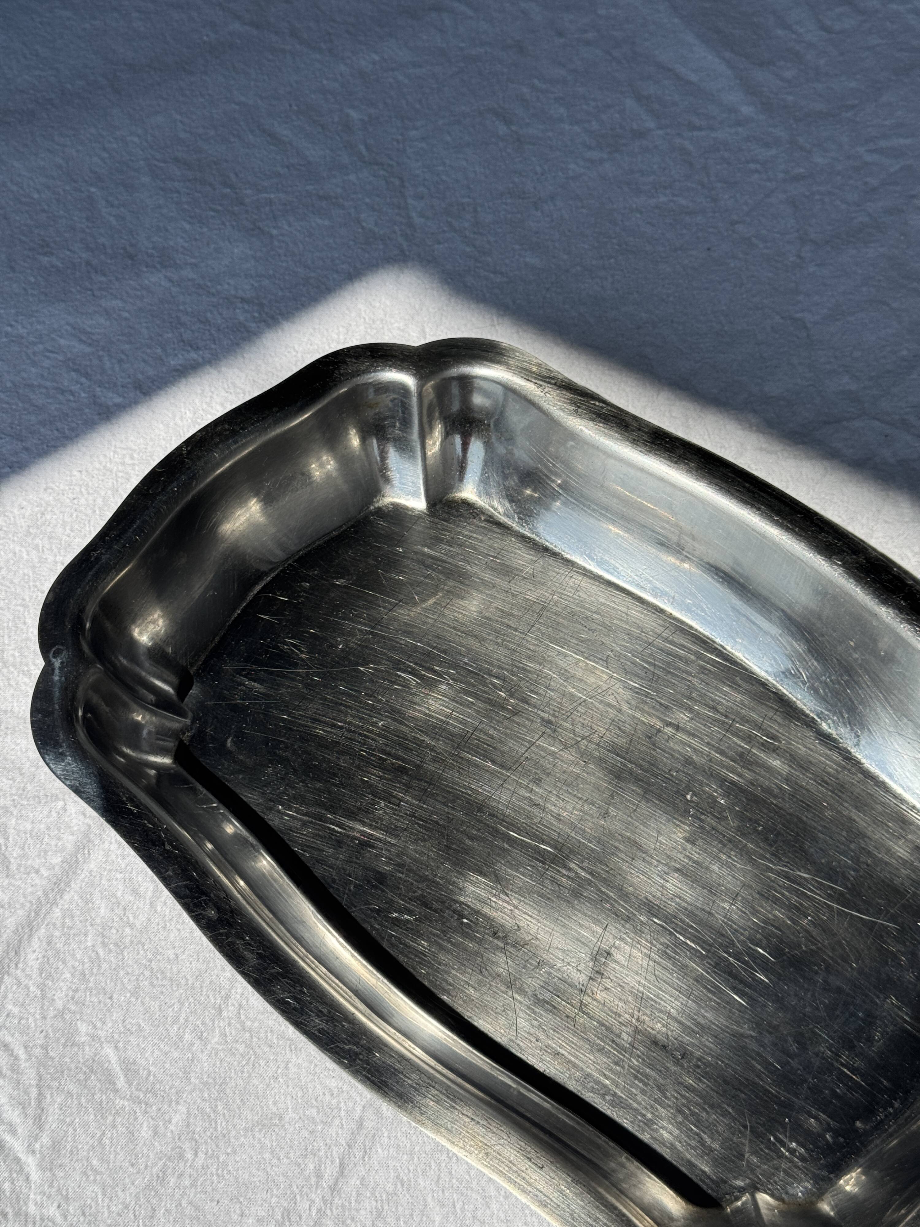 Silver metal serving dish oval rectangular high edges 30.5 x 21