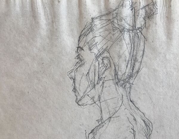 Croquis au crayon sur papier de robert haisley, figure contemporaine debout (étude de profil)