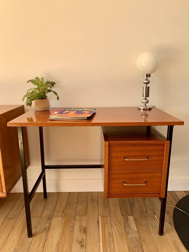 lacquered wood desk and black steel legs design from the 60s and 70s