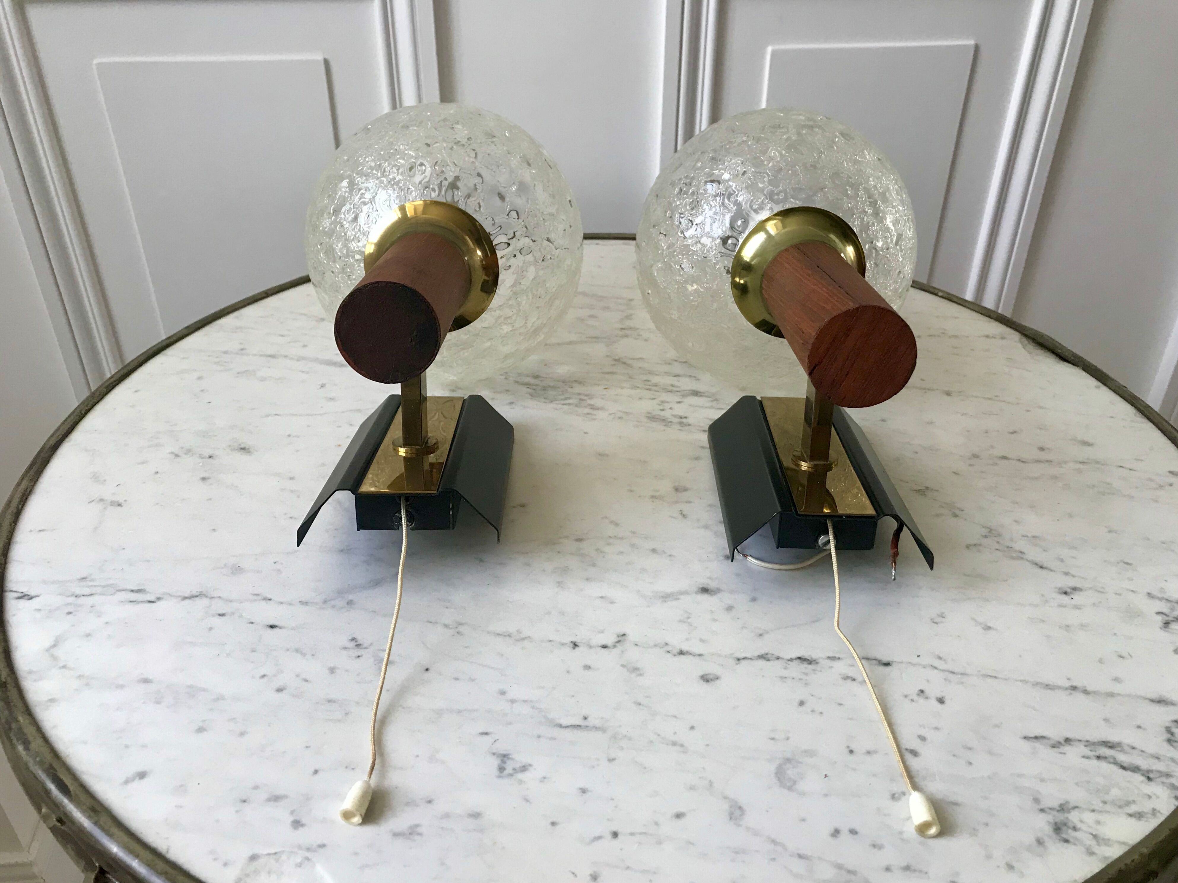 Pair of wall sconces balls in blown glass, metal and teak style 50s