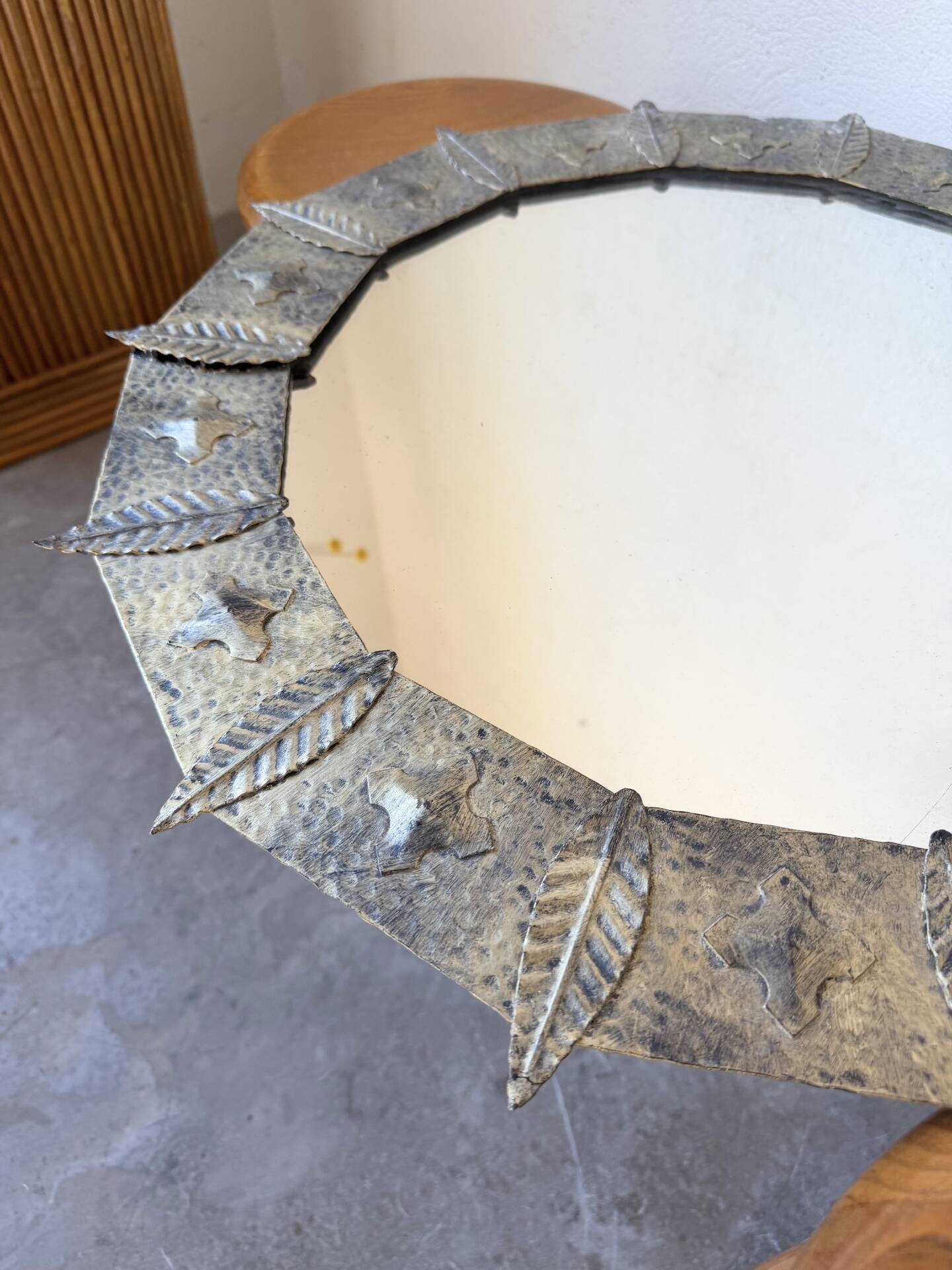 Brutalist round hammered gold metal mirror