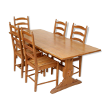 Dining table and 5 chairs of vintage Ercol pine refectory