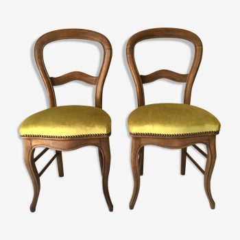Pair of chairs in gold green velvet Louis Philippe style