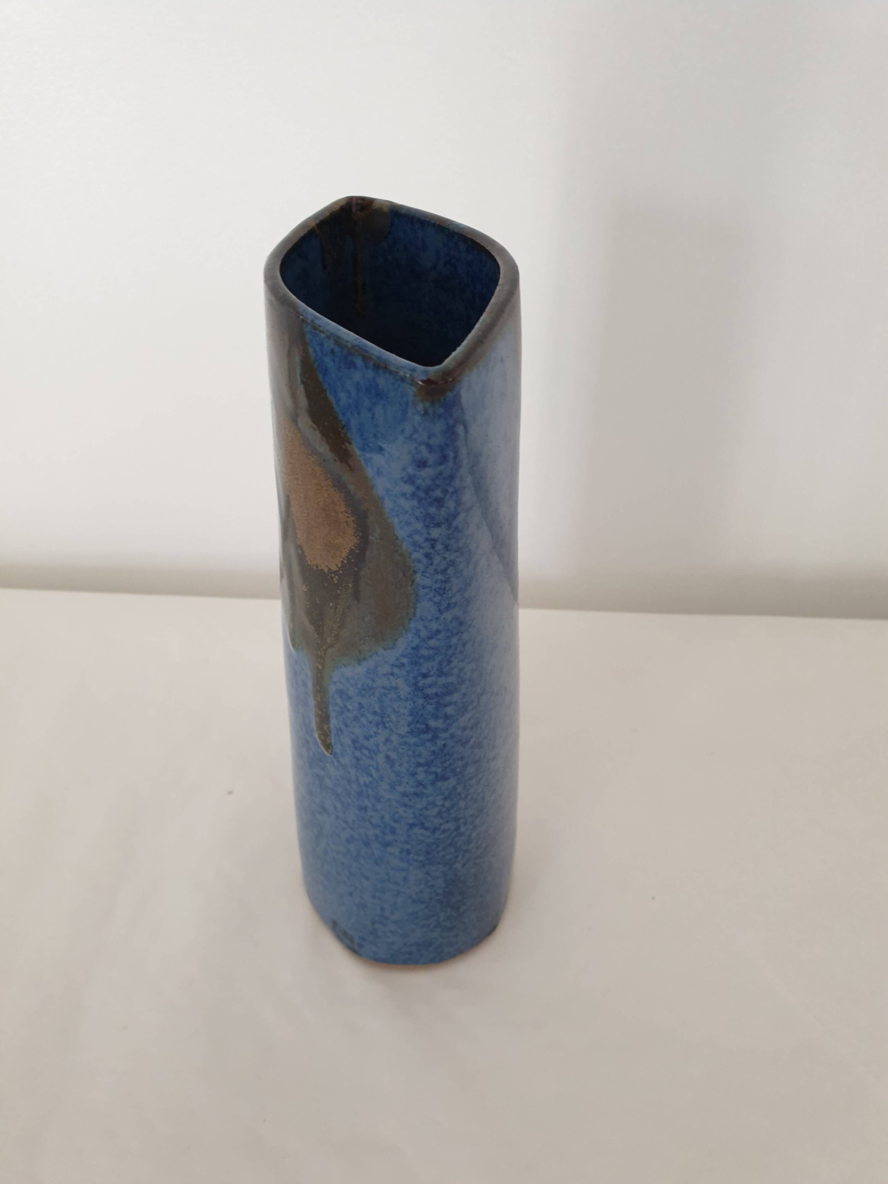 Ceramic vase with blue glaze 25cm Signed Jean Cacheleux Puisaye