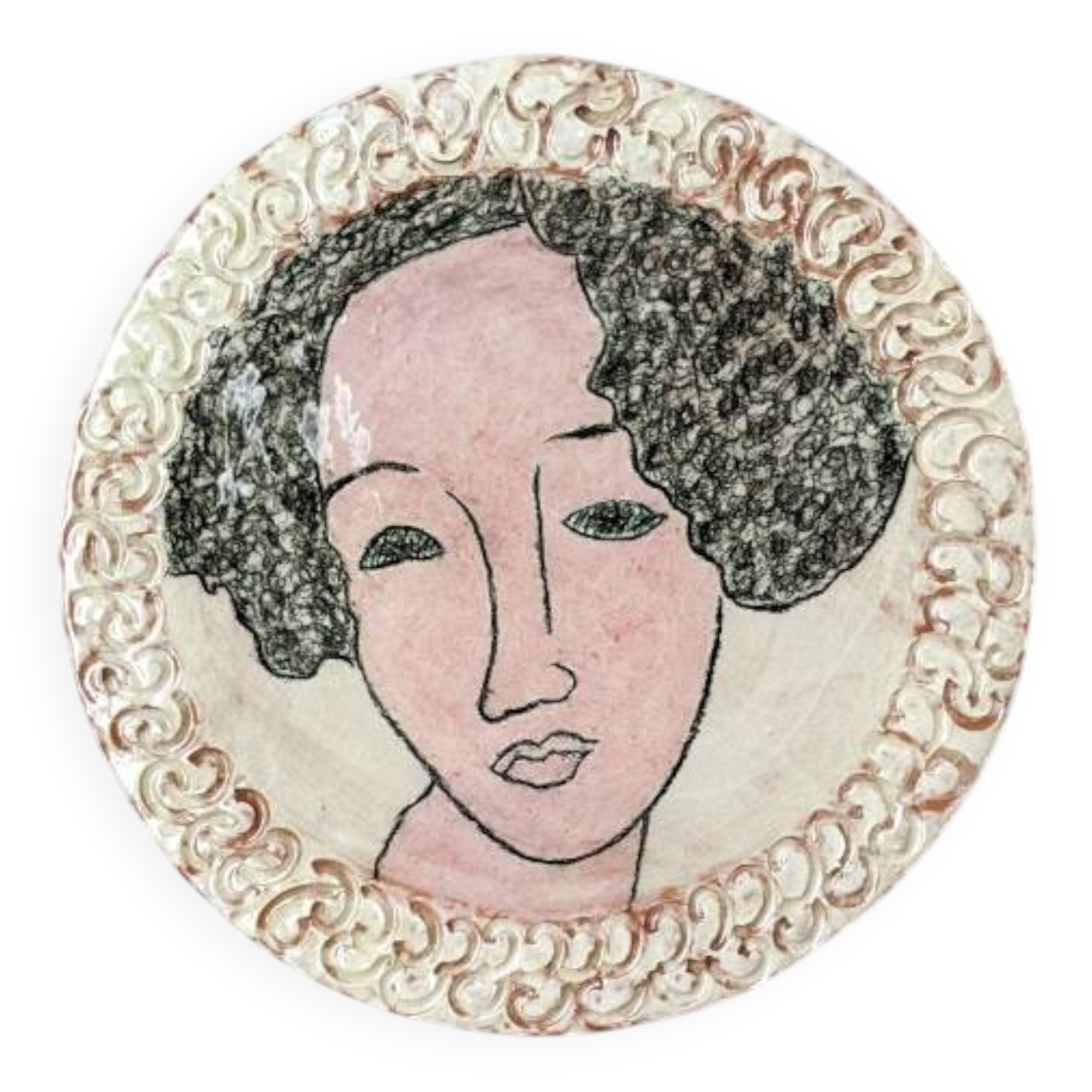 Handmade ceramic wall hanging portrait enameled medallion