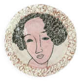Handmade ceramic wall hanging portrait enameled medallion