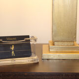Hollywood regimental table lamp, Italy 70s, in brass paste restored with florentine gold brushed