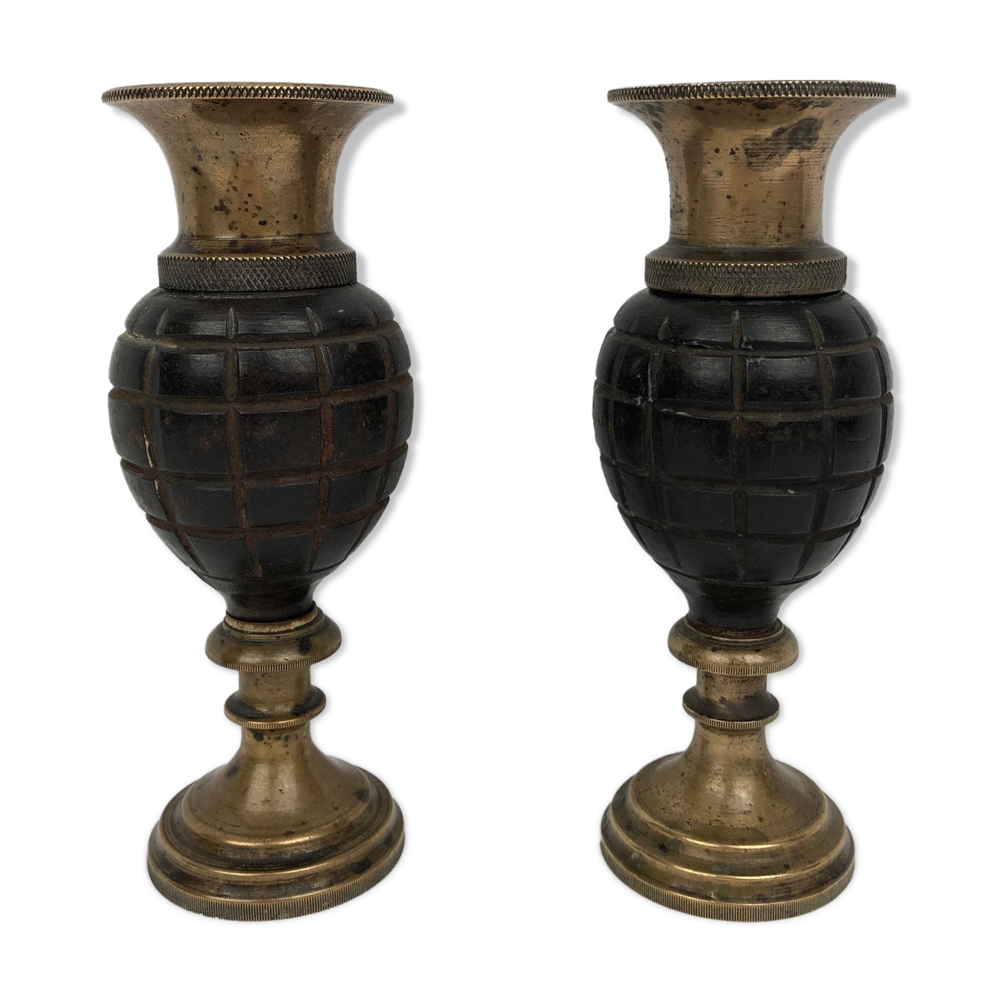 Pair of "Grenade" candlesticks, bronze, 20th