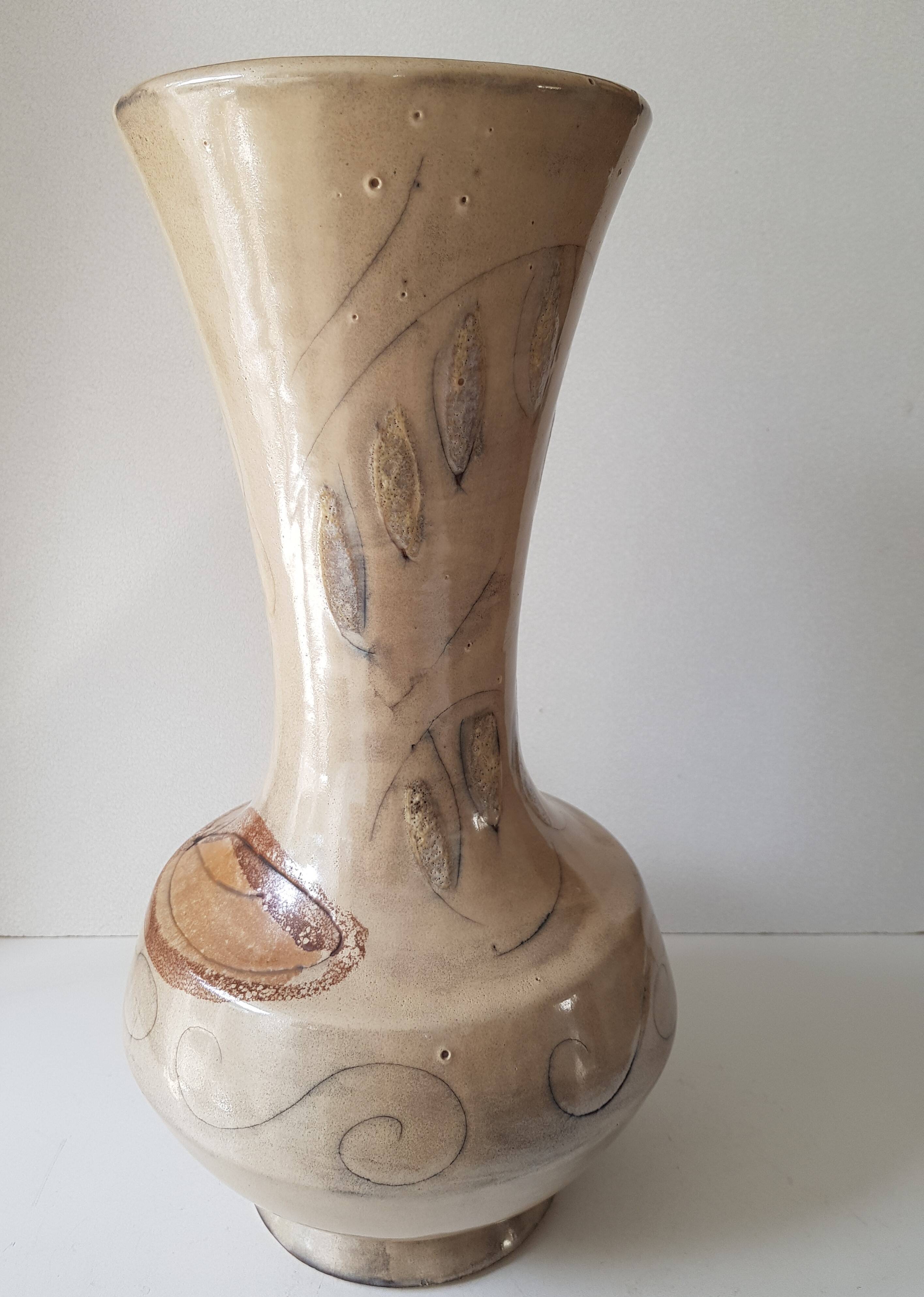 Large ceramic vase with floral motif - Signed La roue Vallauris - H 38 cm