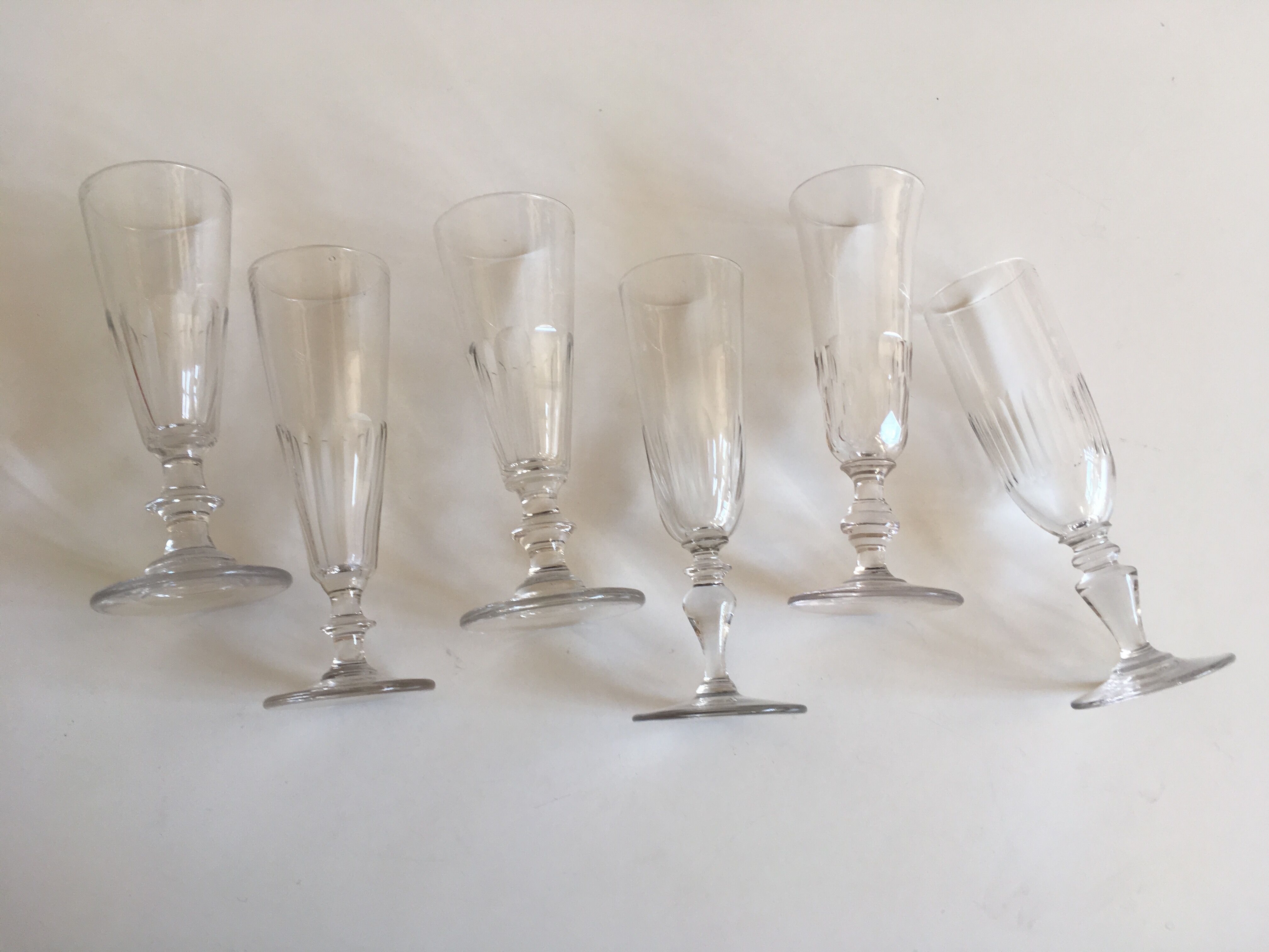 Set of 6 assorted champagne flutes late 19th century cut with cut-offs