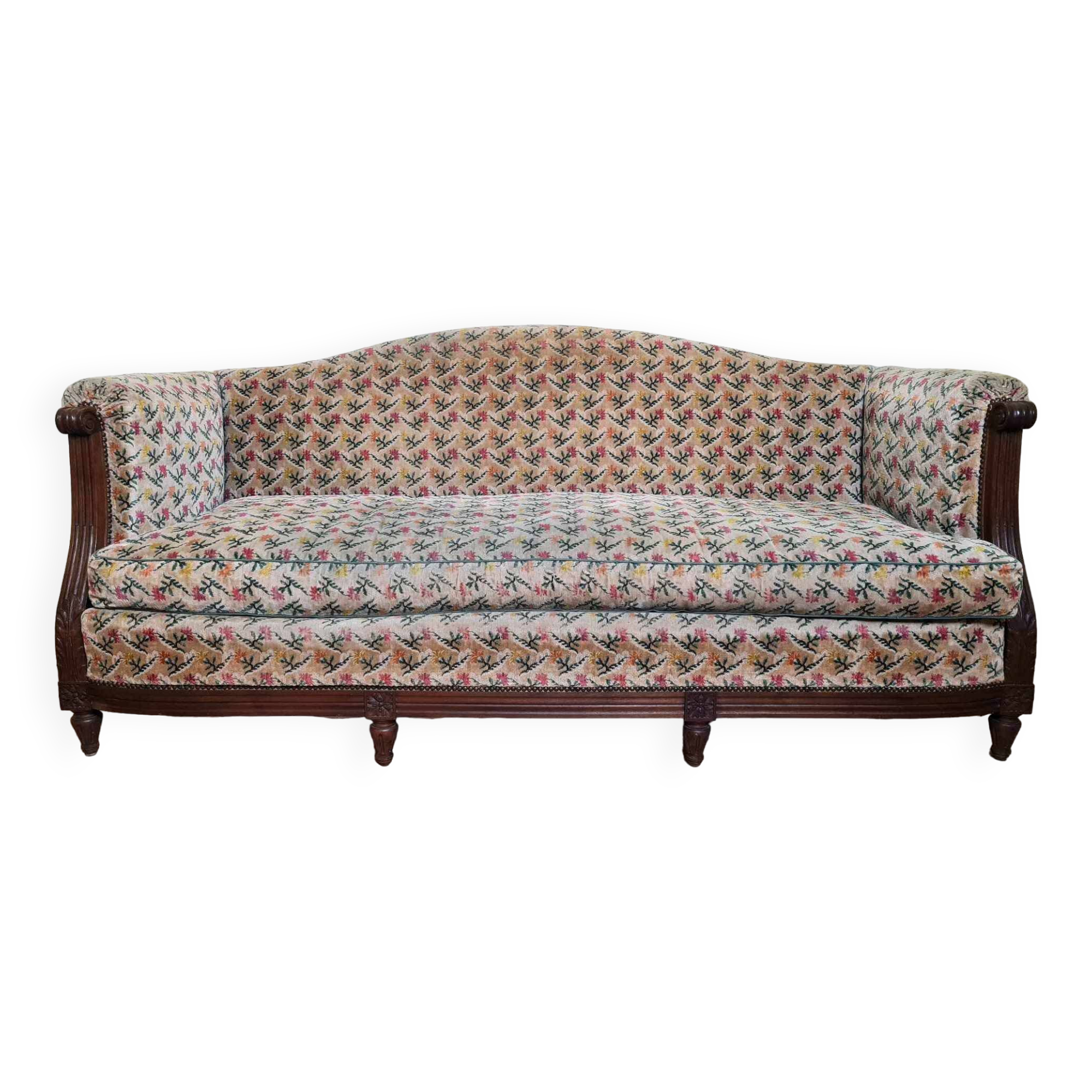banquette de style Louis XVI vers 1900 tapisserie façon velours de gênes a décors floral