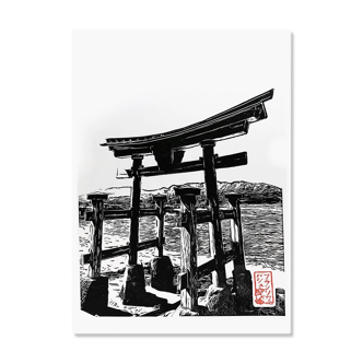 Linogravure japonaise d'un Torii délaissé de Miyajima : 100% fait main, certifiée, édition limitée