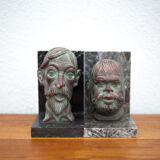 Pair of terracotta and marble bookends, don quixote and sancho panza, paperweight, library