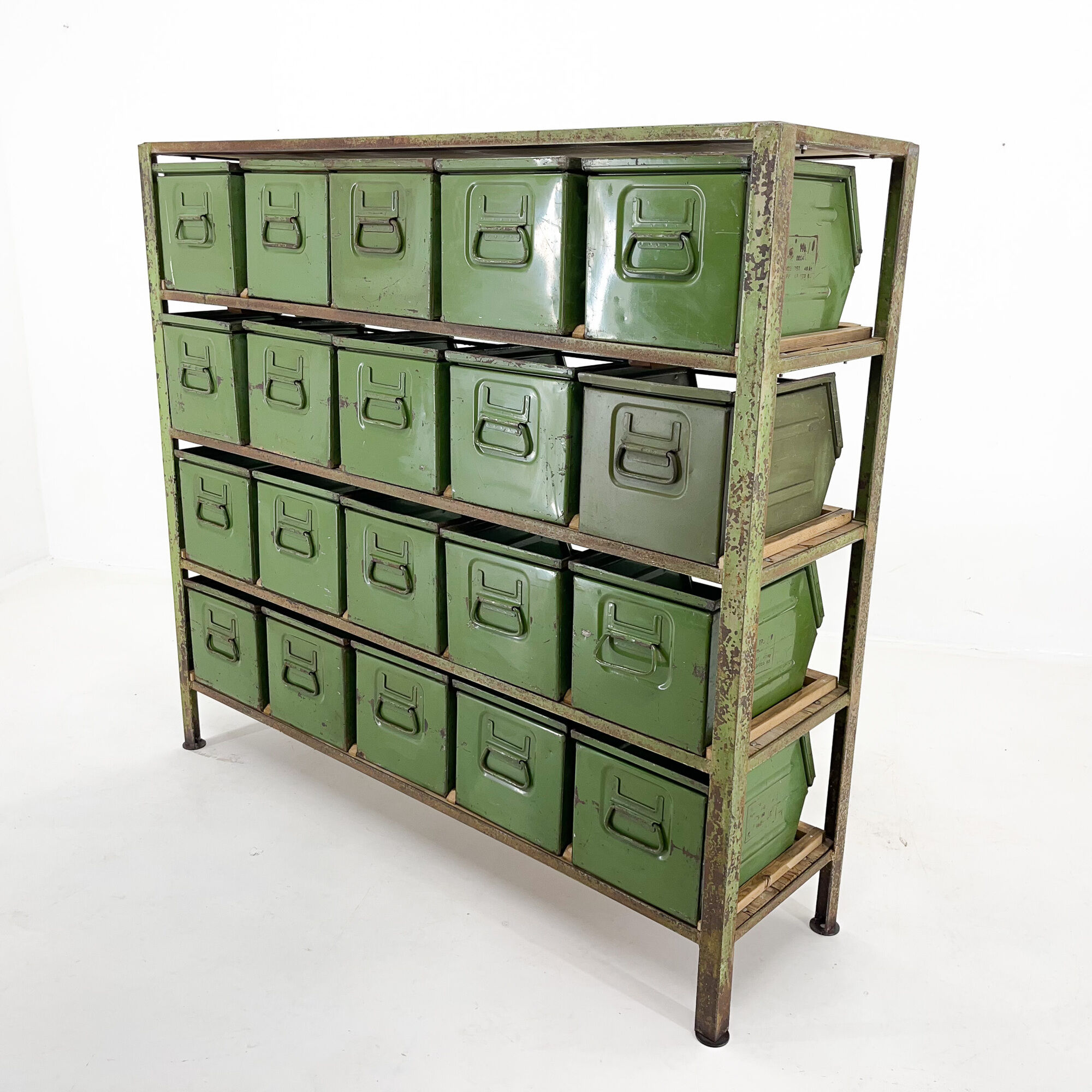 Vintage industrial cabinet, 20 iron drawers, wooden top, 1950's