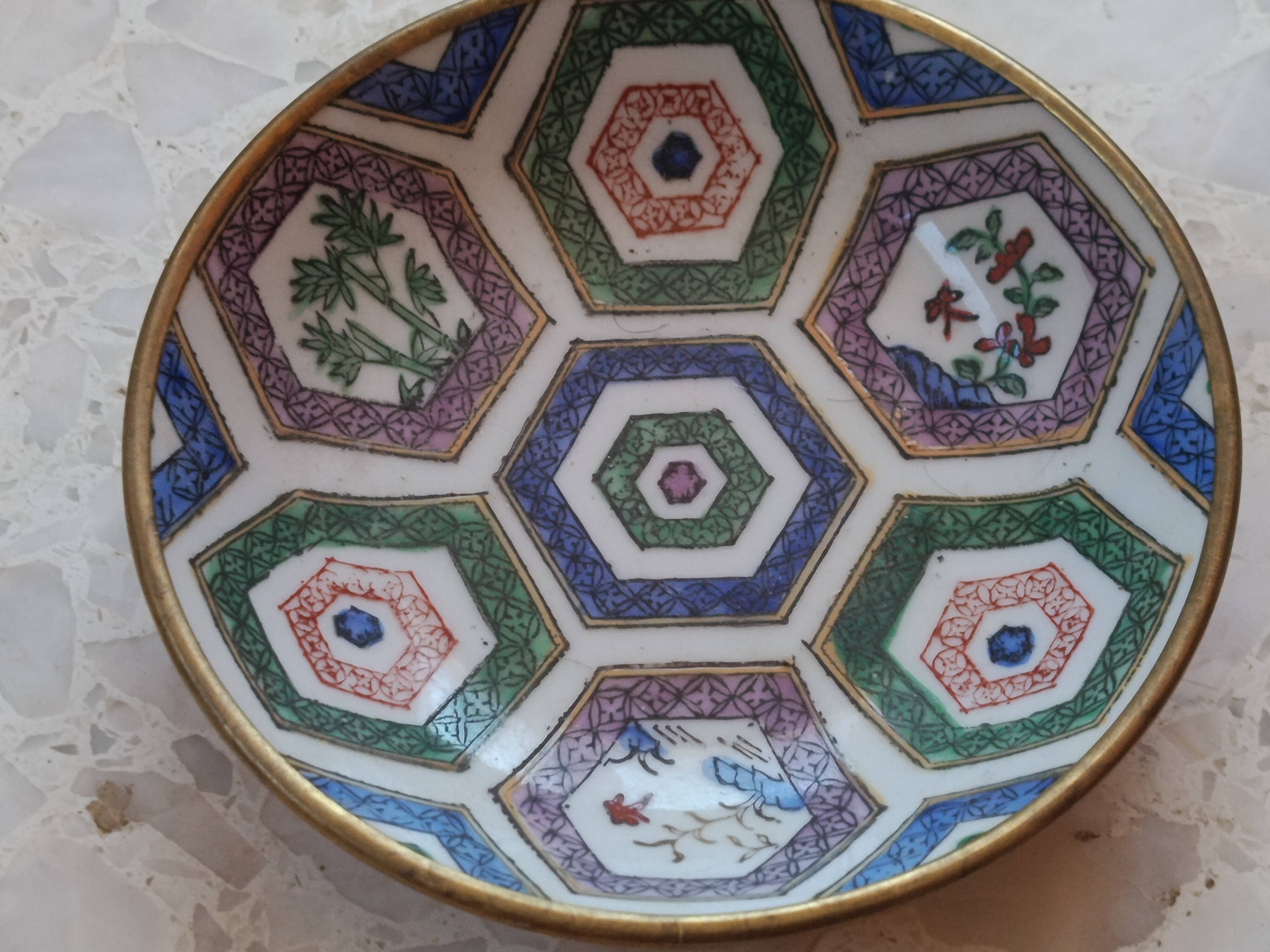 CHINA 20th CENTURY PLATE + BOWL porcelain cloisonné motifs HONG-KONG stamp