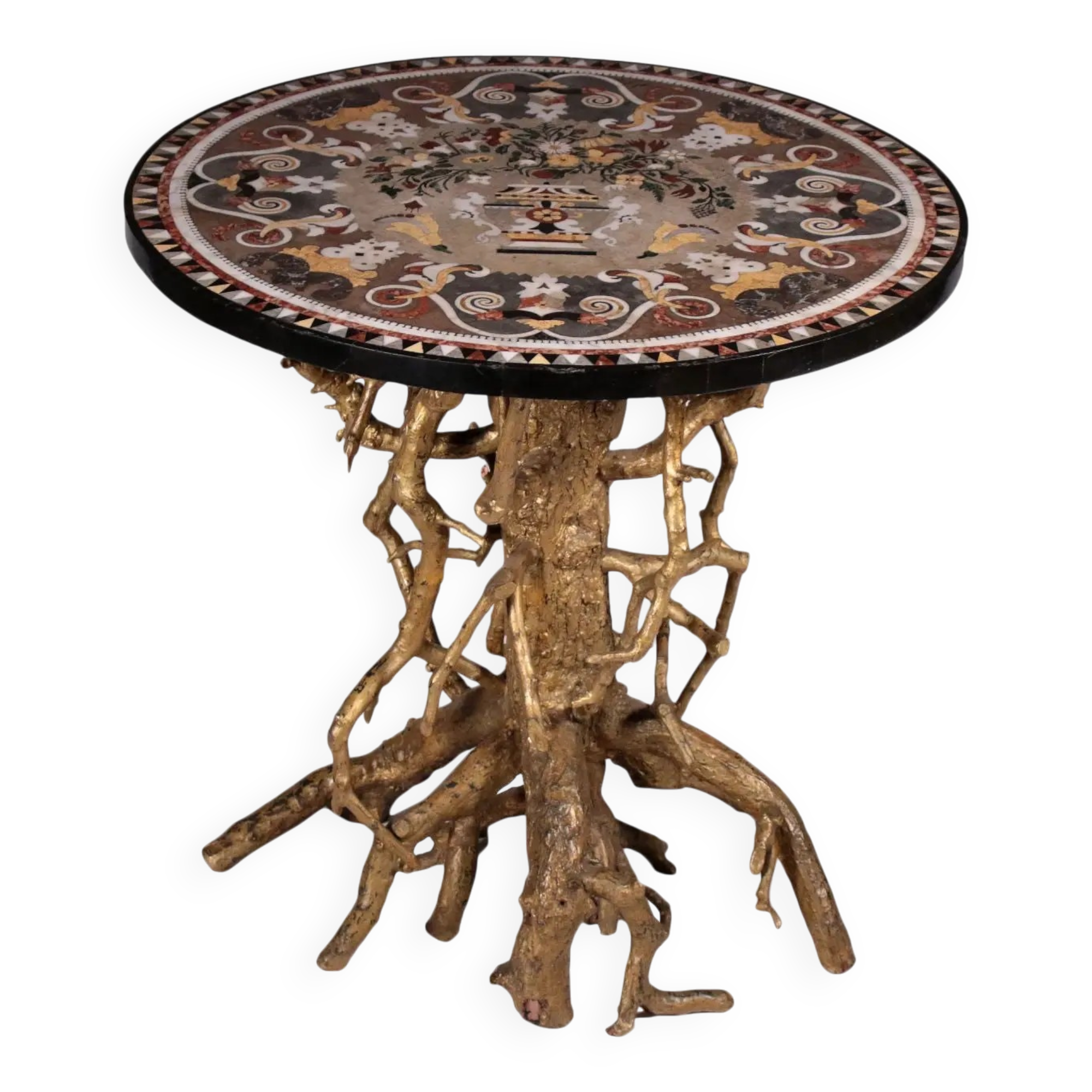 Napolitan marquetry round table, gilded, Italy, 19th century