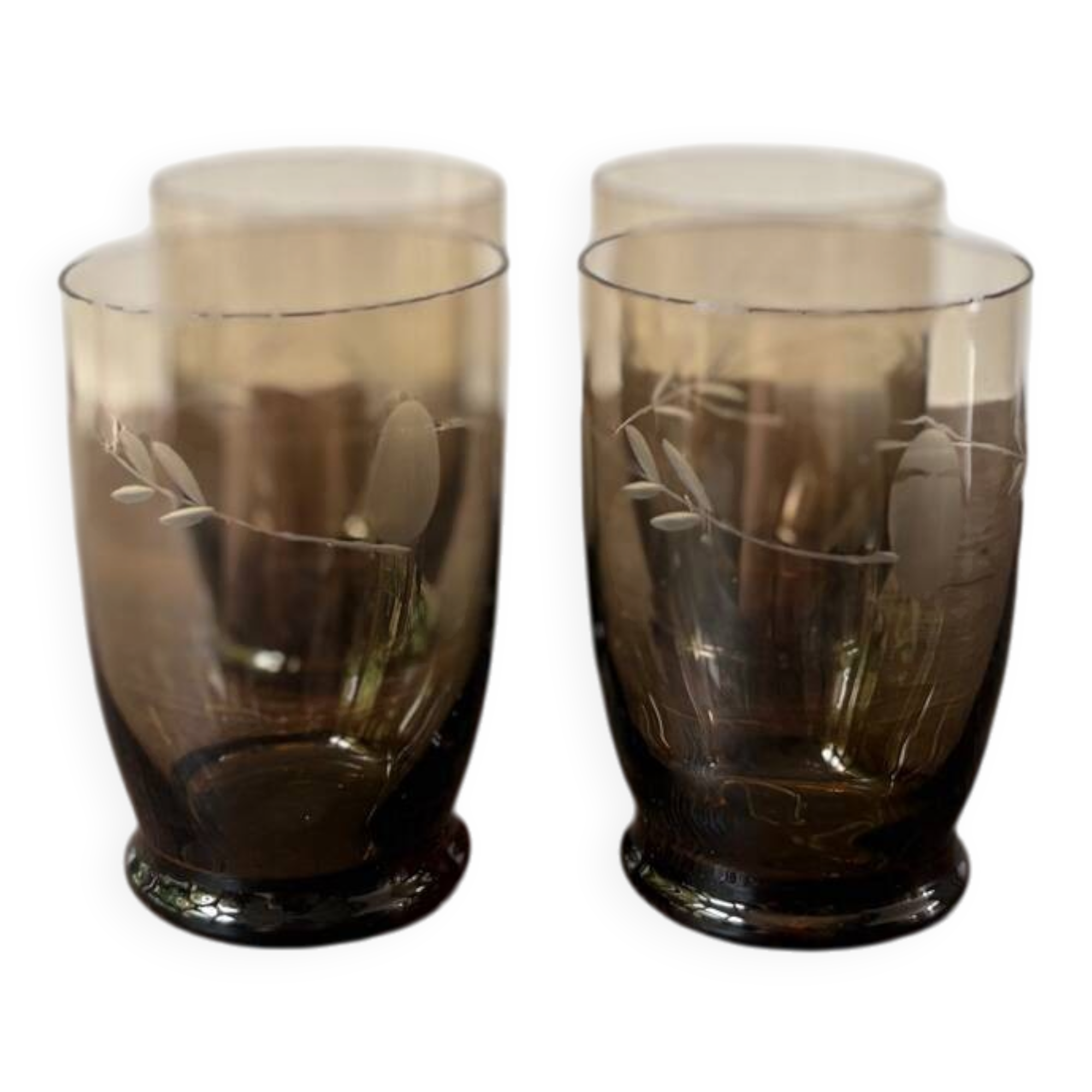 set of 4 art deco glasses, brown chiseled glass