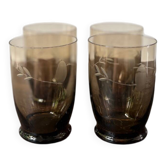 set of 4 art deco glasses, brown chiseled glass