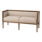 Three-seater bench in patinated wood & natural linen — timeless elegance
